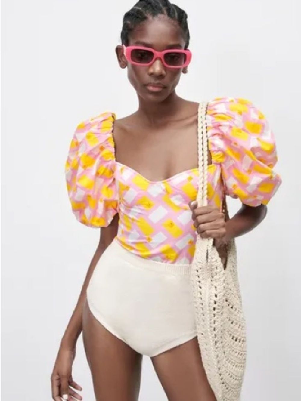 ZARA Puff-Sleeve Square Neck Top in Pink Yellow Geo Print Size M